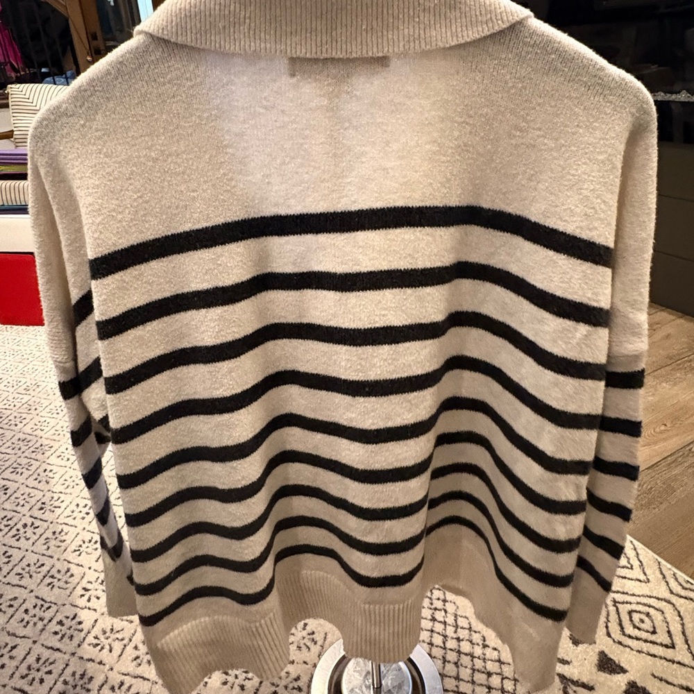 LOFT Cream and Black Striped V-Neck Sweater - Picture 4 of 4